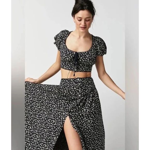 Free People Women's Medium Easy to Love Black Floral Midi Crop Top Set Outfit - Picture 2 of 8